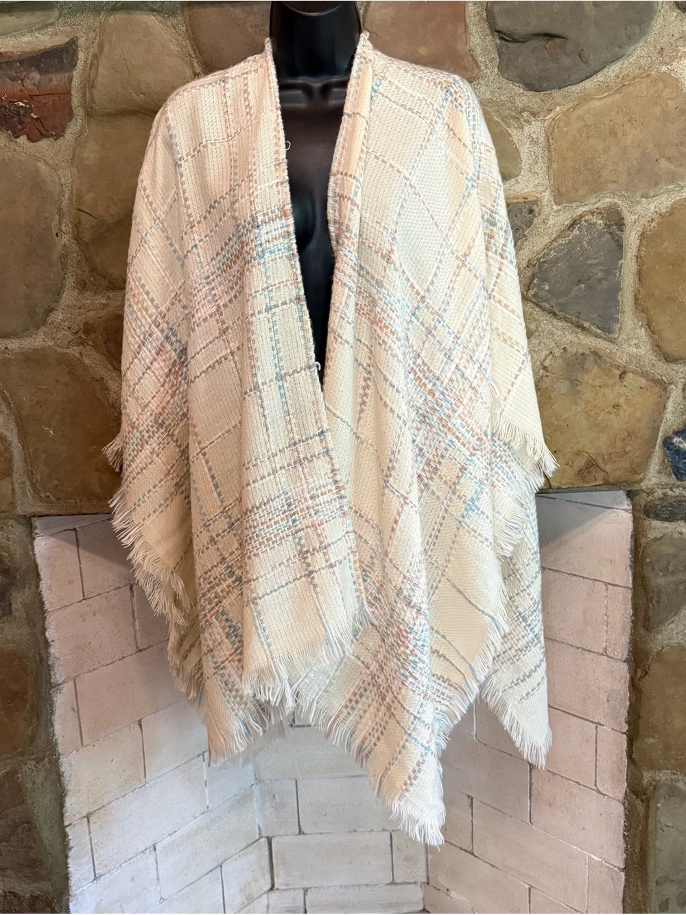 Cream Plaid Frayed Hem Blanket Scarf Wrap Shawl One Size